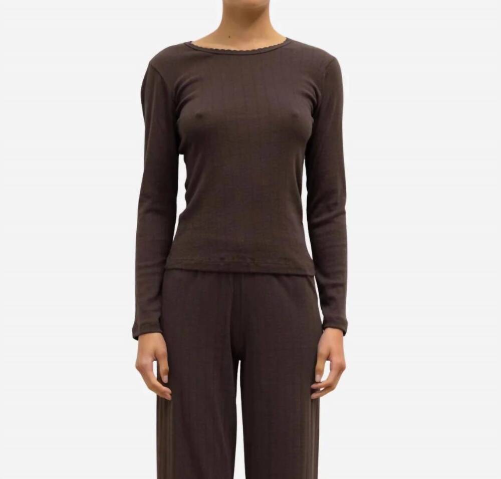 NEW LESET pointelle cotton long-sleeve slim fit top in choco